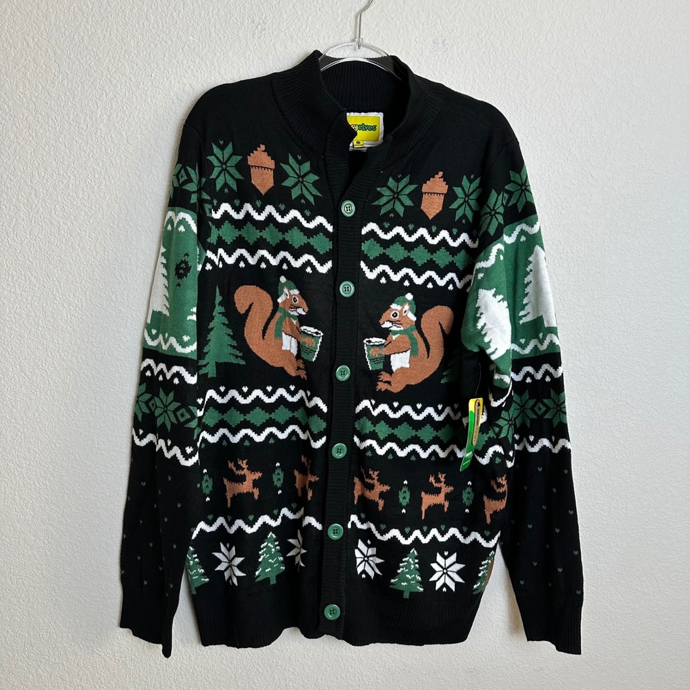 Tipsy Elves Mens Nutty Noel Cardigan Squirrel Christmas Sweater Black Green XL - Picture 3 of 9